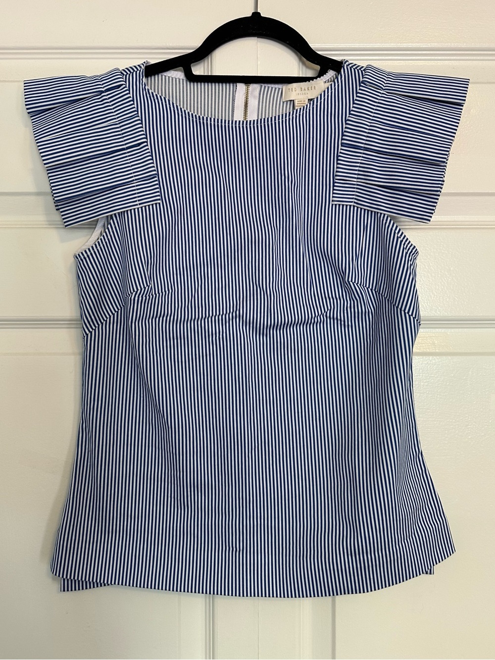 Ted Baker Navy and White Striped Flutter-Sleeve Top